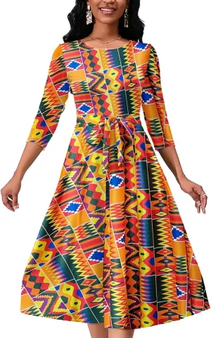 Women's Caual Midi Dress 3/4 Sleeve Crewneck A-line Swing Dress for Women with Belt for Wedding Guest & Cocktail Party