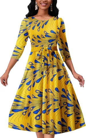 Women's Caual Midi Dress 3/4 Sleeve Crewneck A-line Swing Dress for Women with Belt for Wedding Guest & Cocktail Party