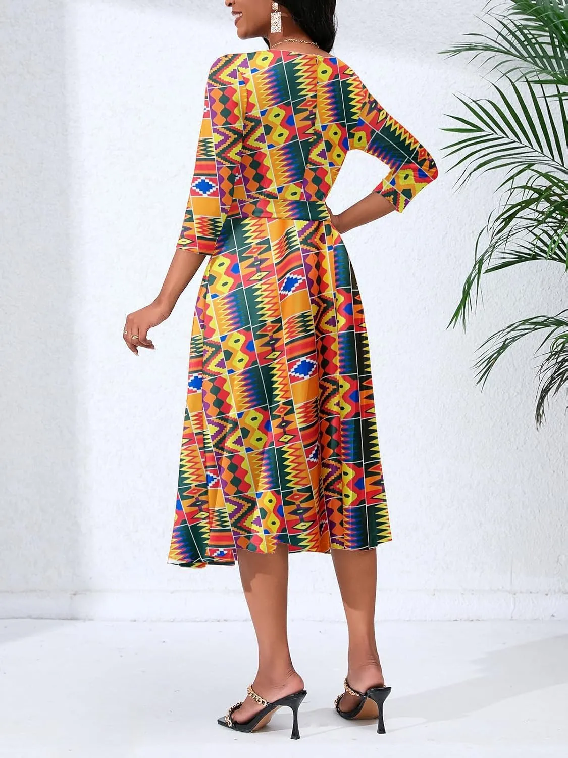 Women's Caual Midi Dress 3/4 Sleeve Crewneck A-line Swing Dress for Women with Belt for Wedding Guest & Cocktail Party