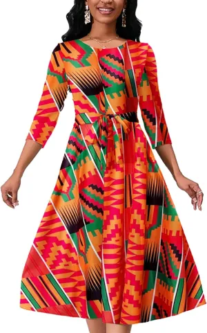 Women's Caual Midi Dress 3/4 Sleeve Crewneck A-line Swing Dress for Women with Belt for Wedding Guest & Cocktail Party