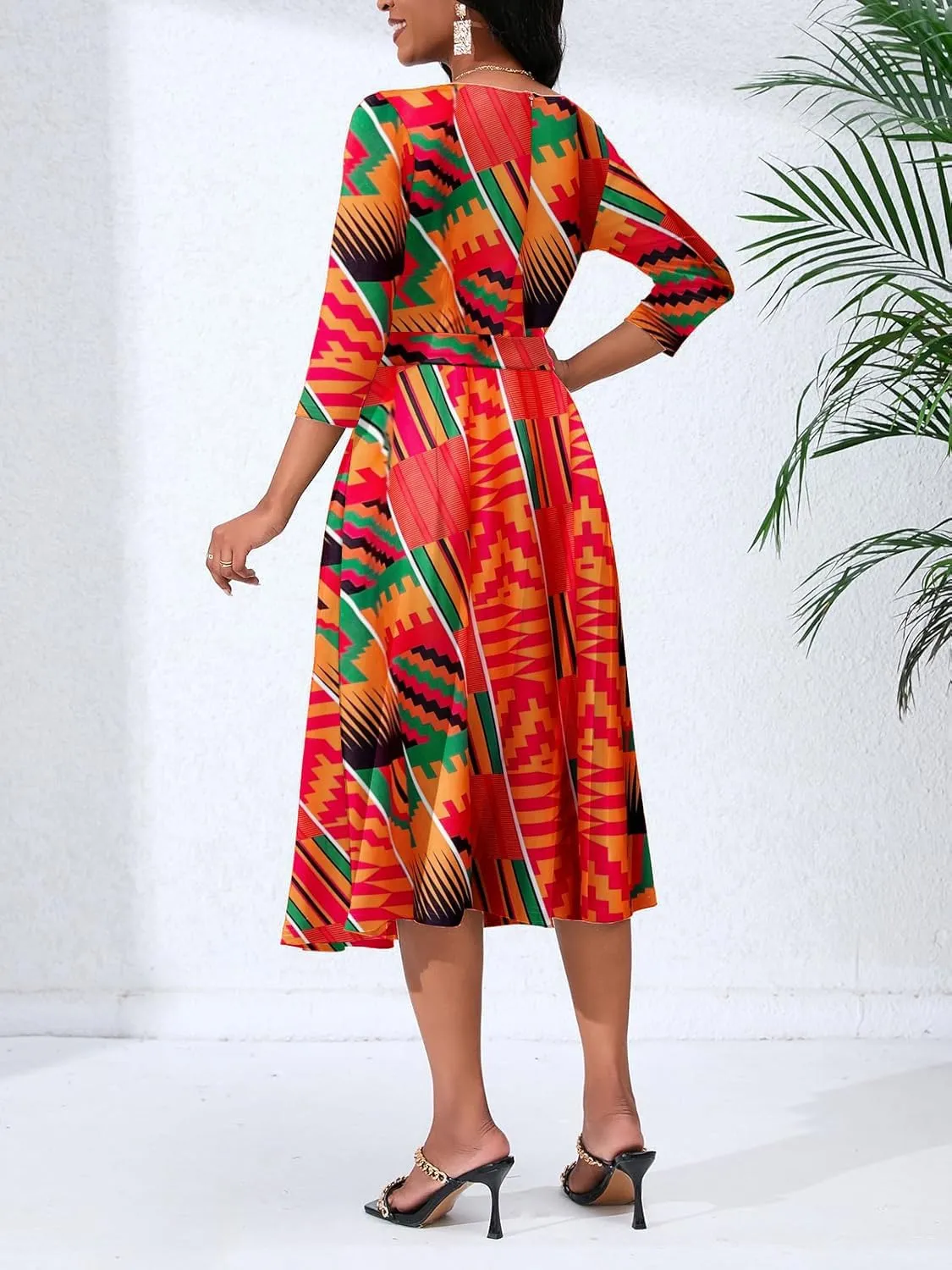 Women's Caual Midi Dress 3/4 Sleeve Crewneck A-line Swing Dress for Women with Belt for Wedding Guest & Cocktail Party