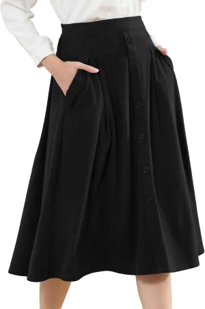Womens Corduroy Skirts Vintage High Waist Button Long Pleated Skirts A-line Midi Skirt with Pockets Fall Winter