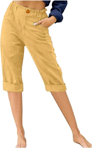 Womens Cotton Linen Capris Pants Solid High Waist Button Wide Leg Pant Summer Casual Trousers with Pockets