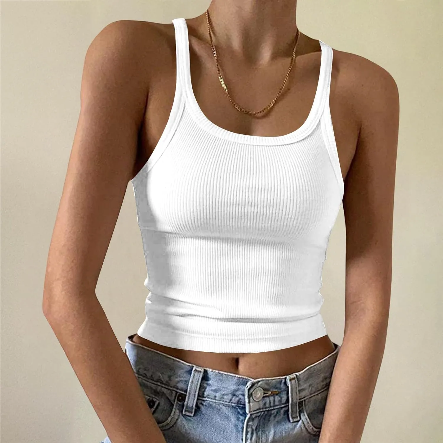 Women's Crop Workout Tank Tops Summer Sexy Ribbed Knit Sleeveless Spaghetti Strap Vests Gym Yoga Lounge Sports Camisole