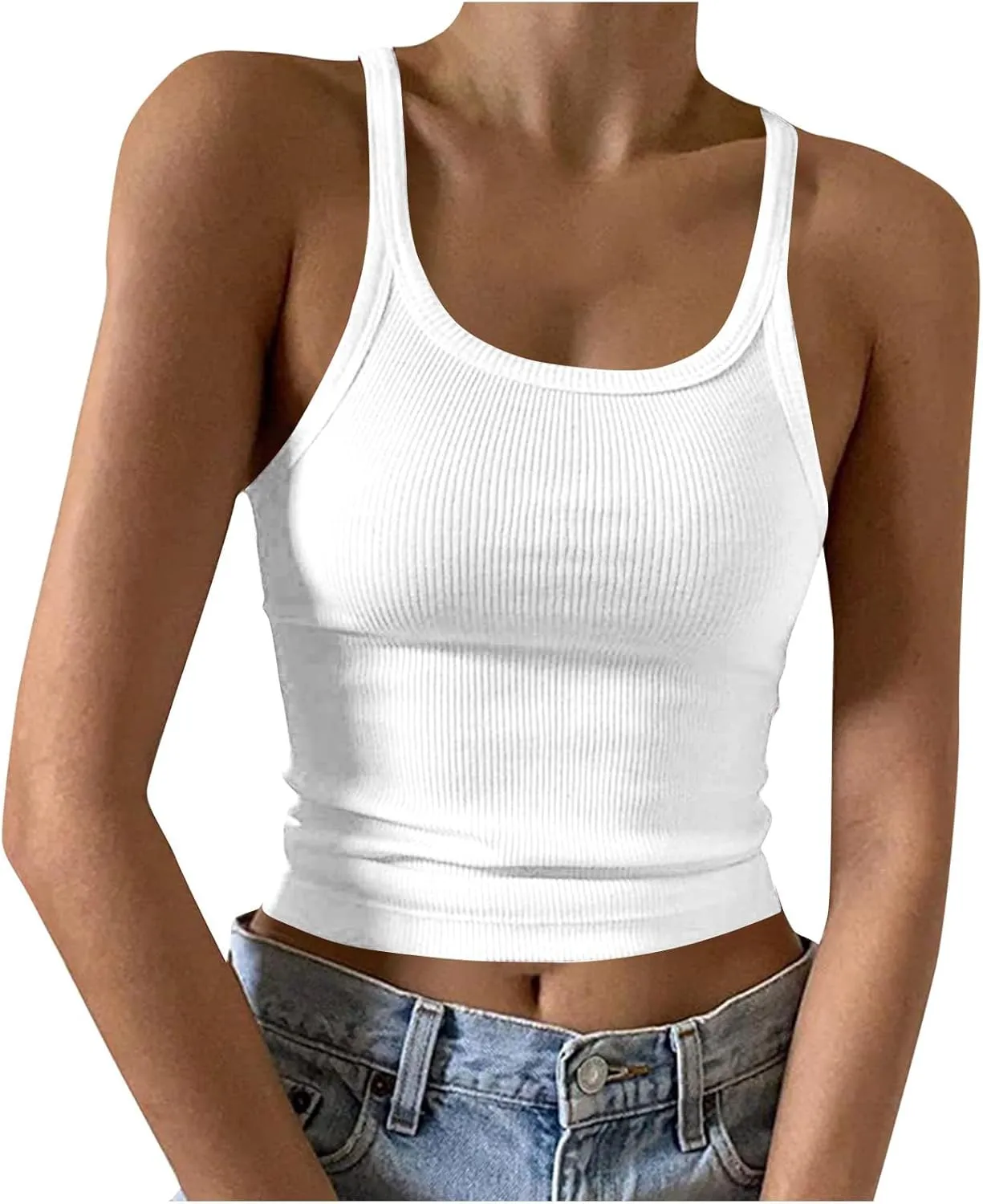 Women's Crop Workout Tank Tops Summer Sexy Ribbed Knit Sleeveless Spaghetti Strap Vests Gym Yoga Lounge Sports Camisole