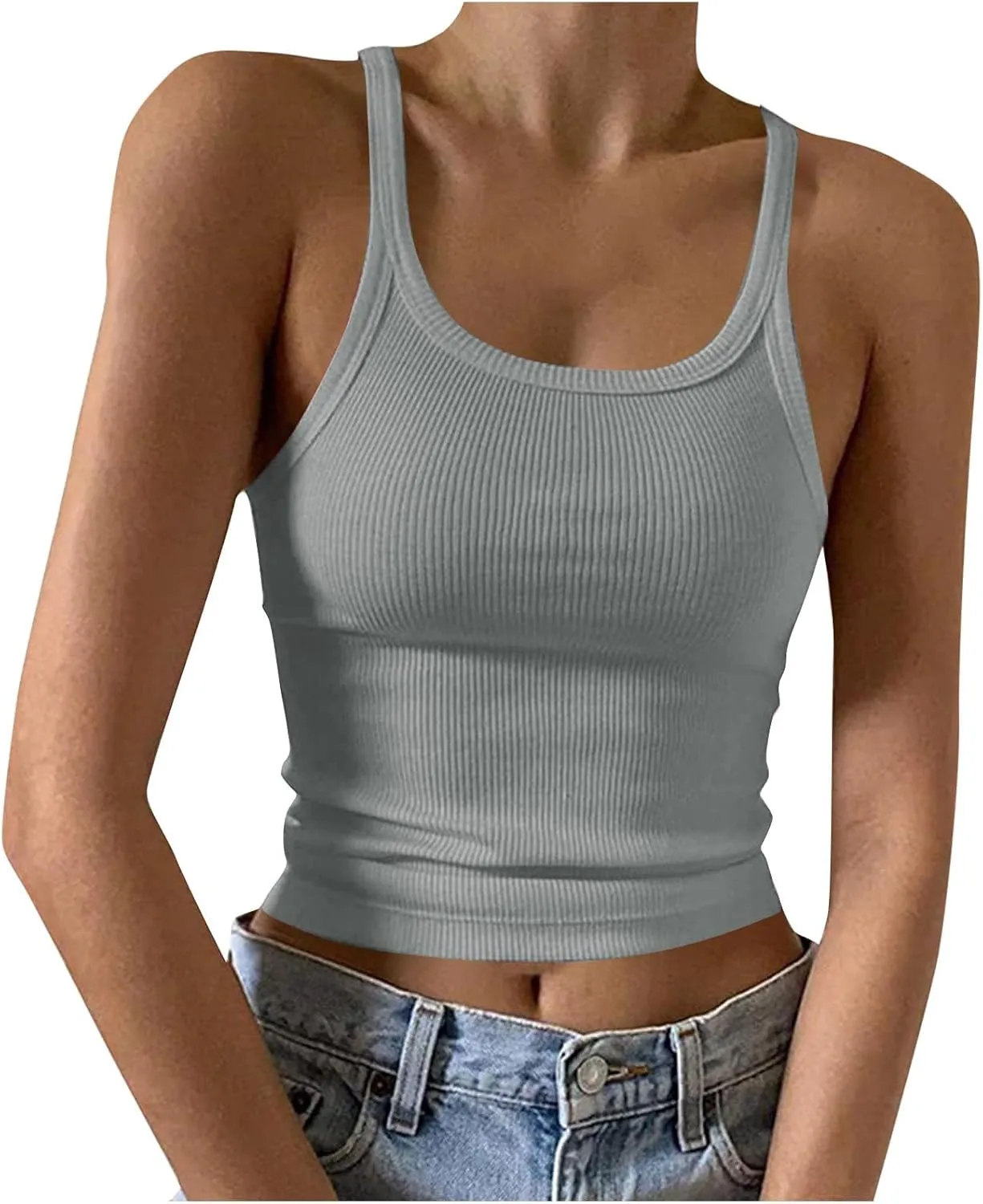 Women's Crop Workout Tank Tops Summer Sexy Ribbed Knit Sleeveless Spaghetti Strap Vests Gym Yoga Lounge Sports Camisole