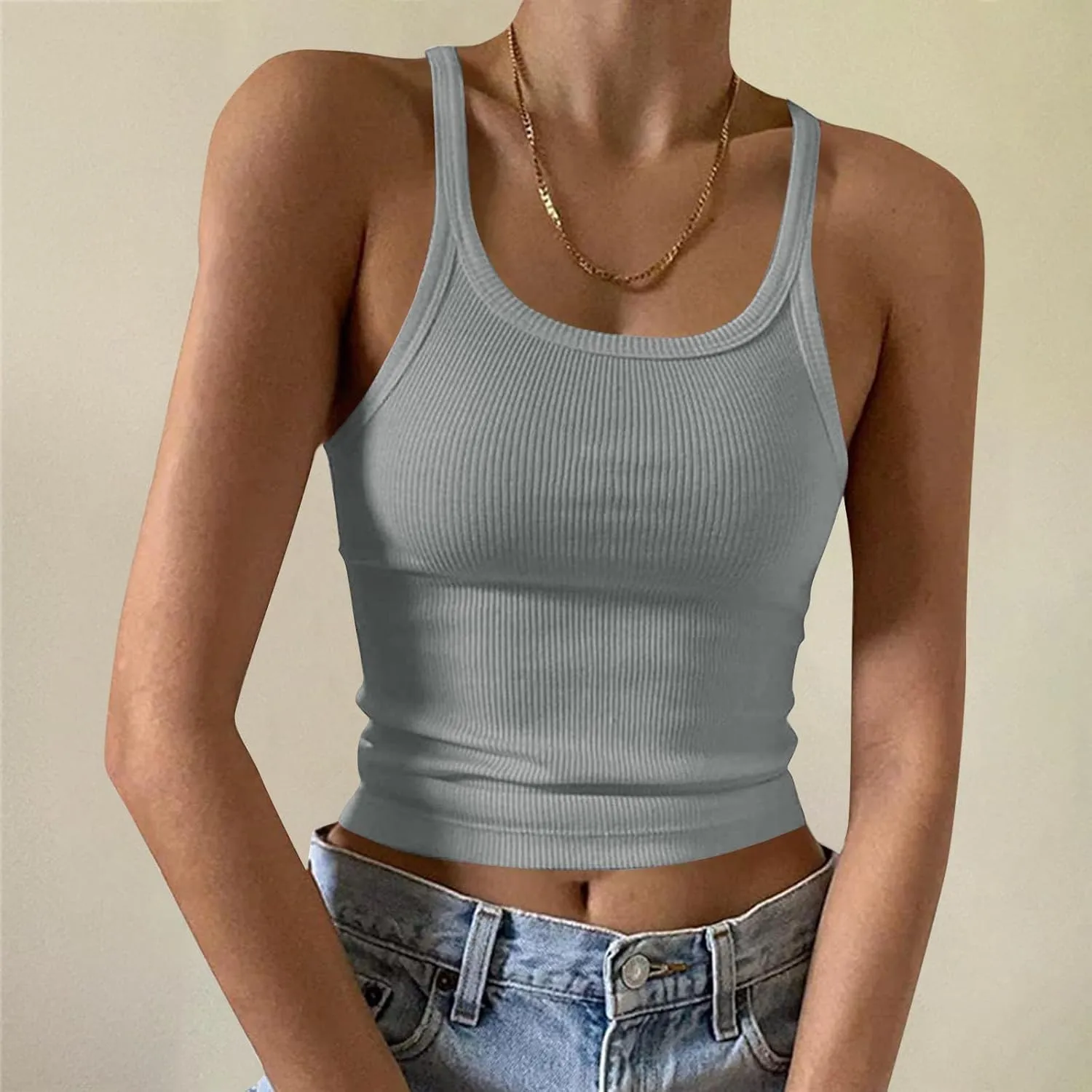 Women's Crop Workout Tank Tops Summer Sexy Ribbed Knit Sleeveless Spaghetti Strap Vests Gym Yoga Lounge Sports Camisole