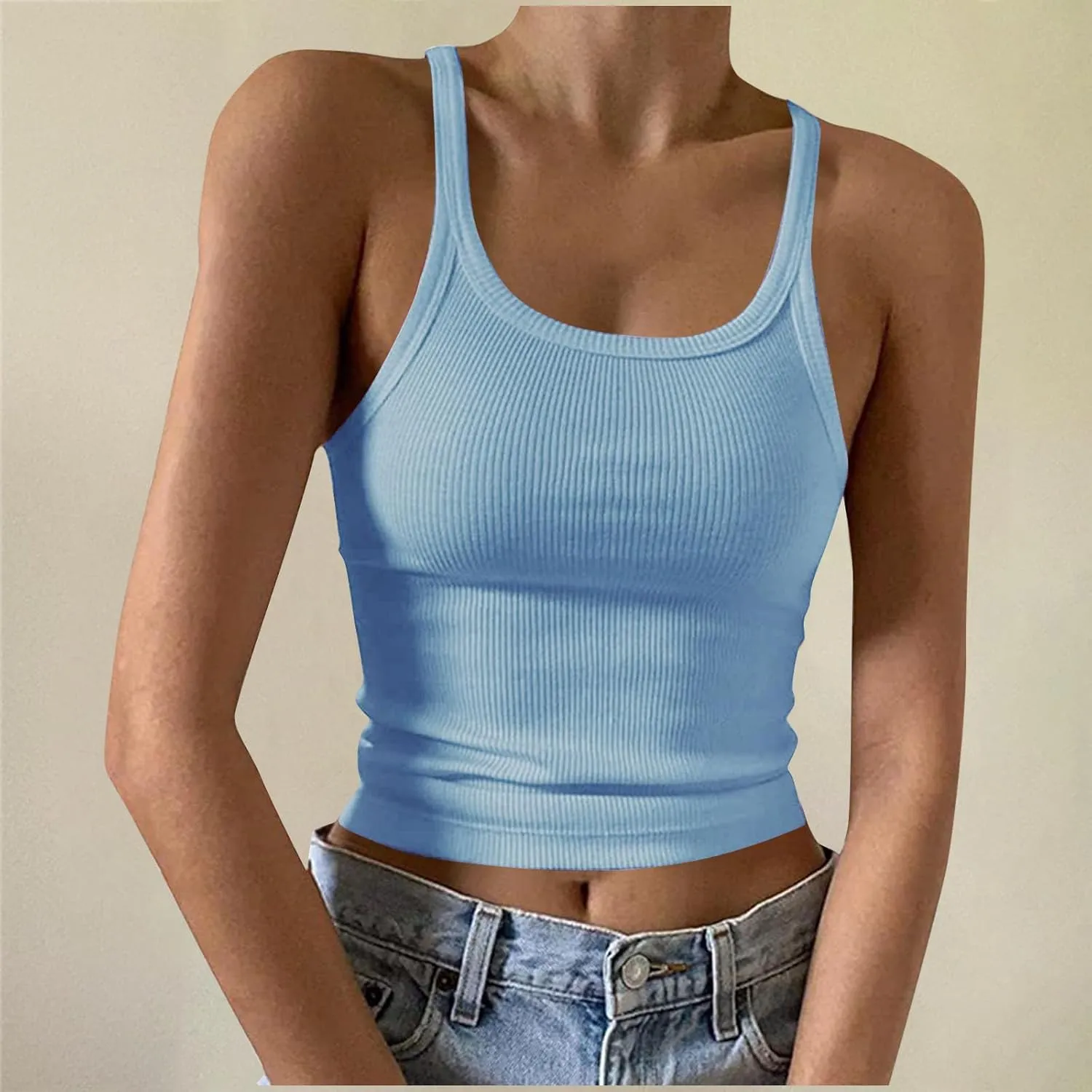 Women's Crop Workout Tank Tops Summer Sexy Ribbed Knit Sleeveless Spaghetti Strap Vests Gym Yoga Lounge Sports Camisole