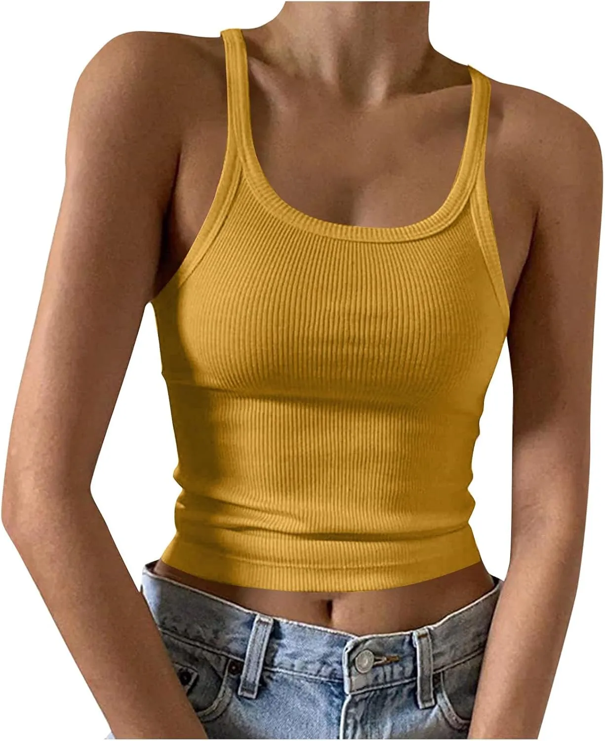 Women's Crop Workout Tank Tops Summer Sexy Ribbed Knit Sleeveless Spaghetti Strap Vests Gym Yoga Lounge Sports Camisole