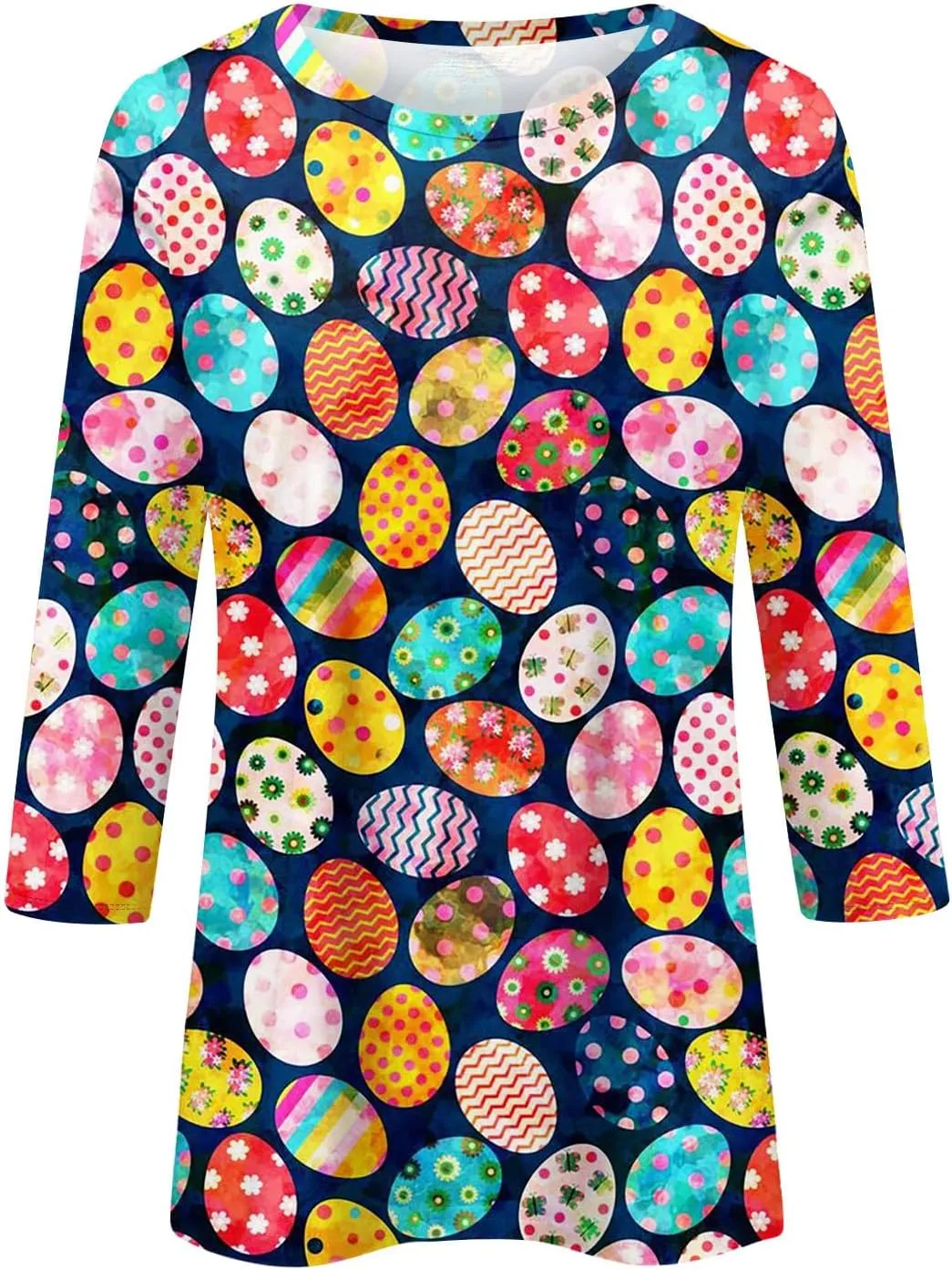 Womens Cute Bunny Rabbit Print T Shirt Happy Easter Graphic Tee 3/4 Length Sleeve Round Neck Blouse Casual Easter Top