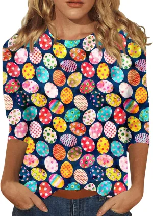 Womens Cute Bunny Rabbit Print T Shirt Happy Easter Graphic Tee 3/4 Length Sleeve Round Neck Blouse Casual Easter Top