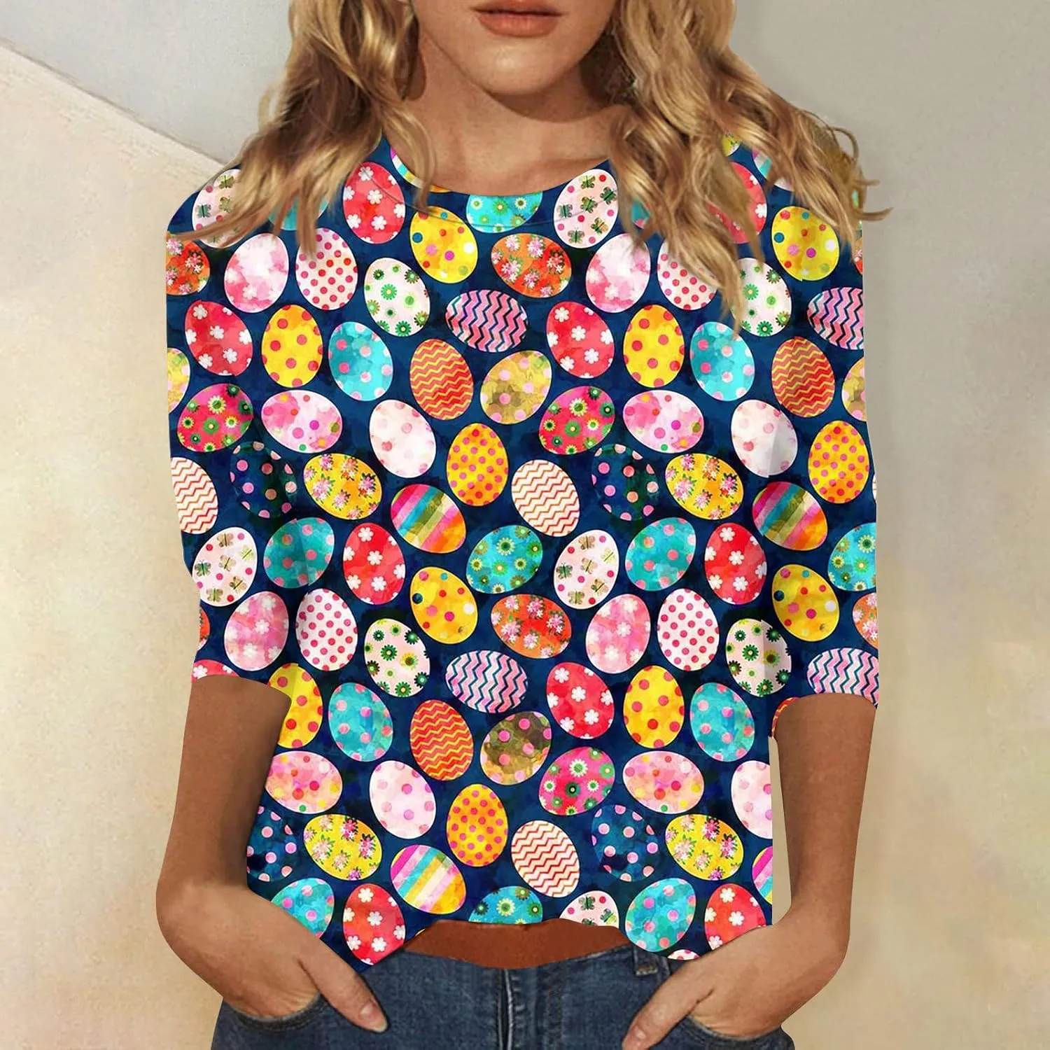 Womens Cute Bunny Rabbit Print T Shirt Happy Easter Graphic Tee 3/4 Length Sleeve Round Neck Blouse Casual Easter Top