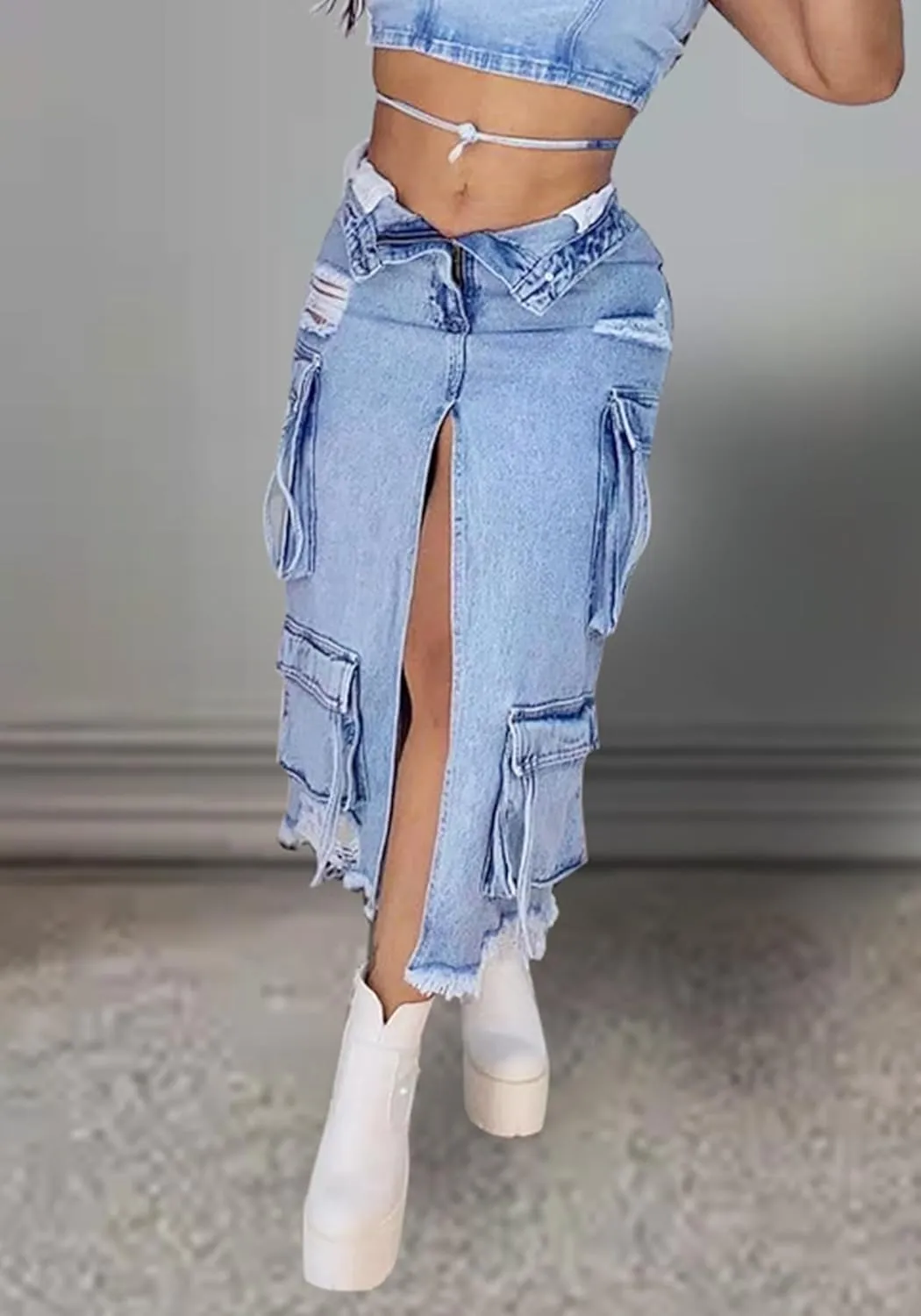 Women's Denim Cargo Maxi Skirt Sexy High Slit High Waist Ripped Long Jean Skirts with Pockets