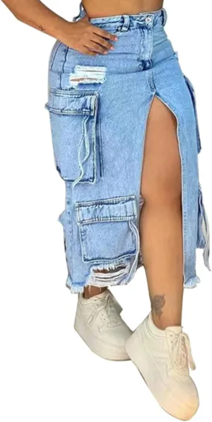 Women's Denim Cargo Maxi Skirt Sexy High Slit High Waist Ripped Long Jean Skirts with Pockets