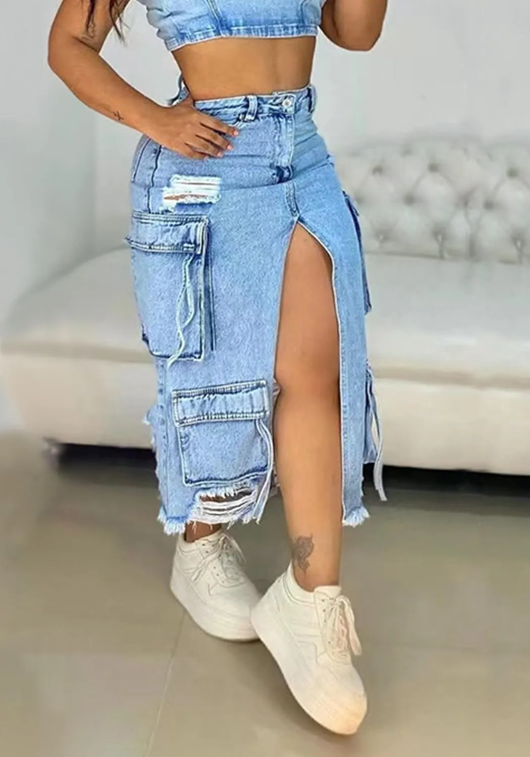 Women's Denim Cargo Maxi Skirt Sexy High Slit High Waist Ripped Long Jean Skirts with Pockets