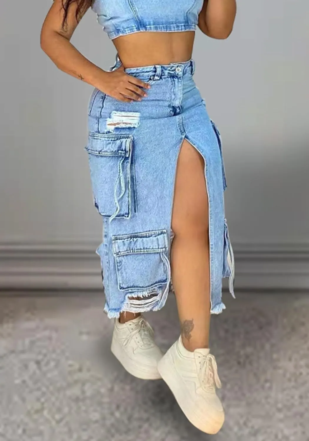 Women's Denim Cargo Maxi Skirt Sexy High Slit High Waist Ripped Long Jean Skirts with Pockets