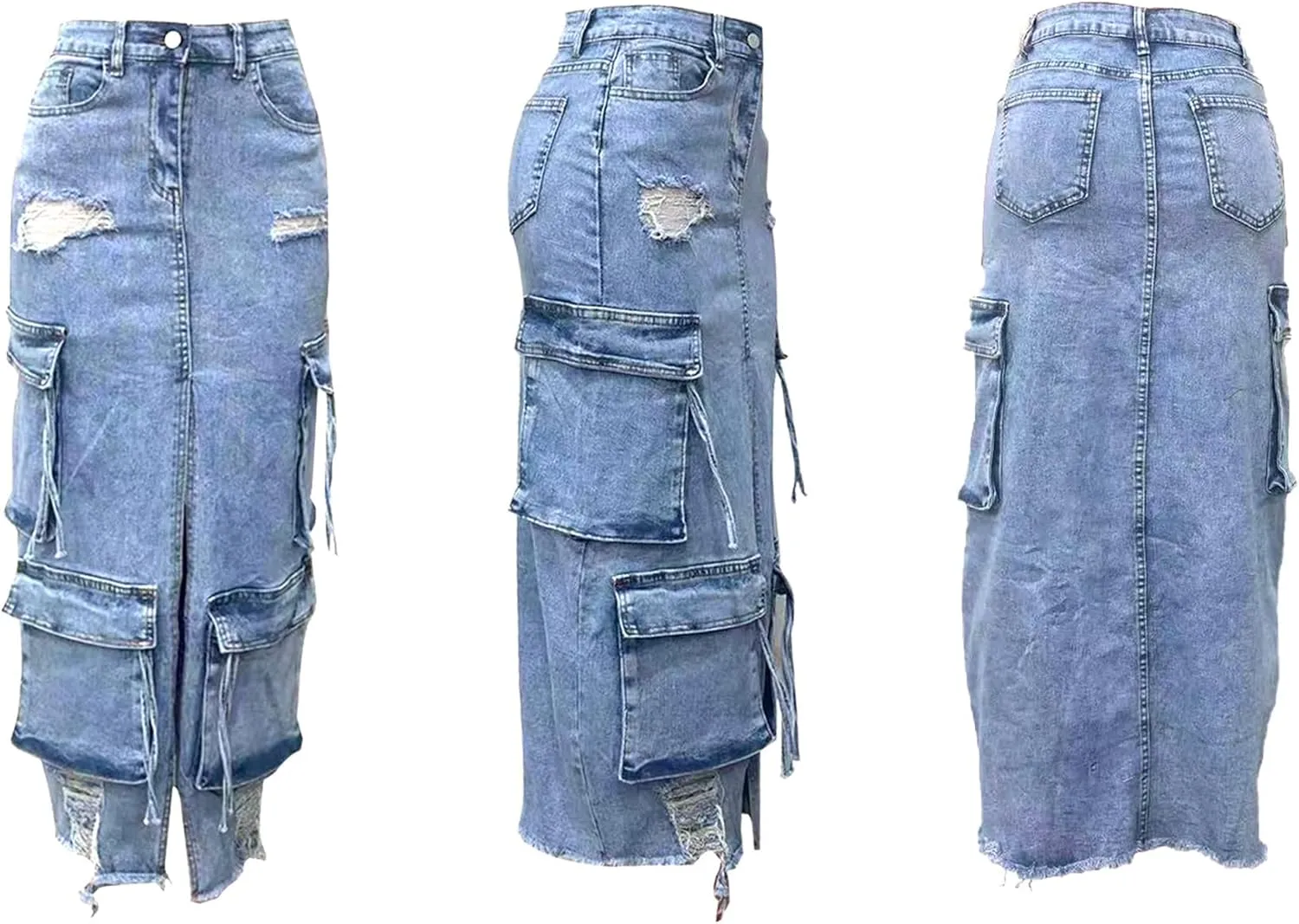 Women's Denim Cargo Maxi Skirt Sexy High Slit High Waist Ripped Long Jean Skirts with Pockets