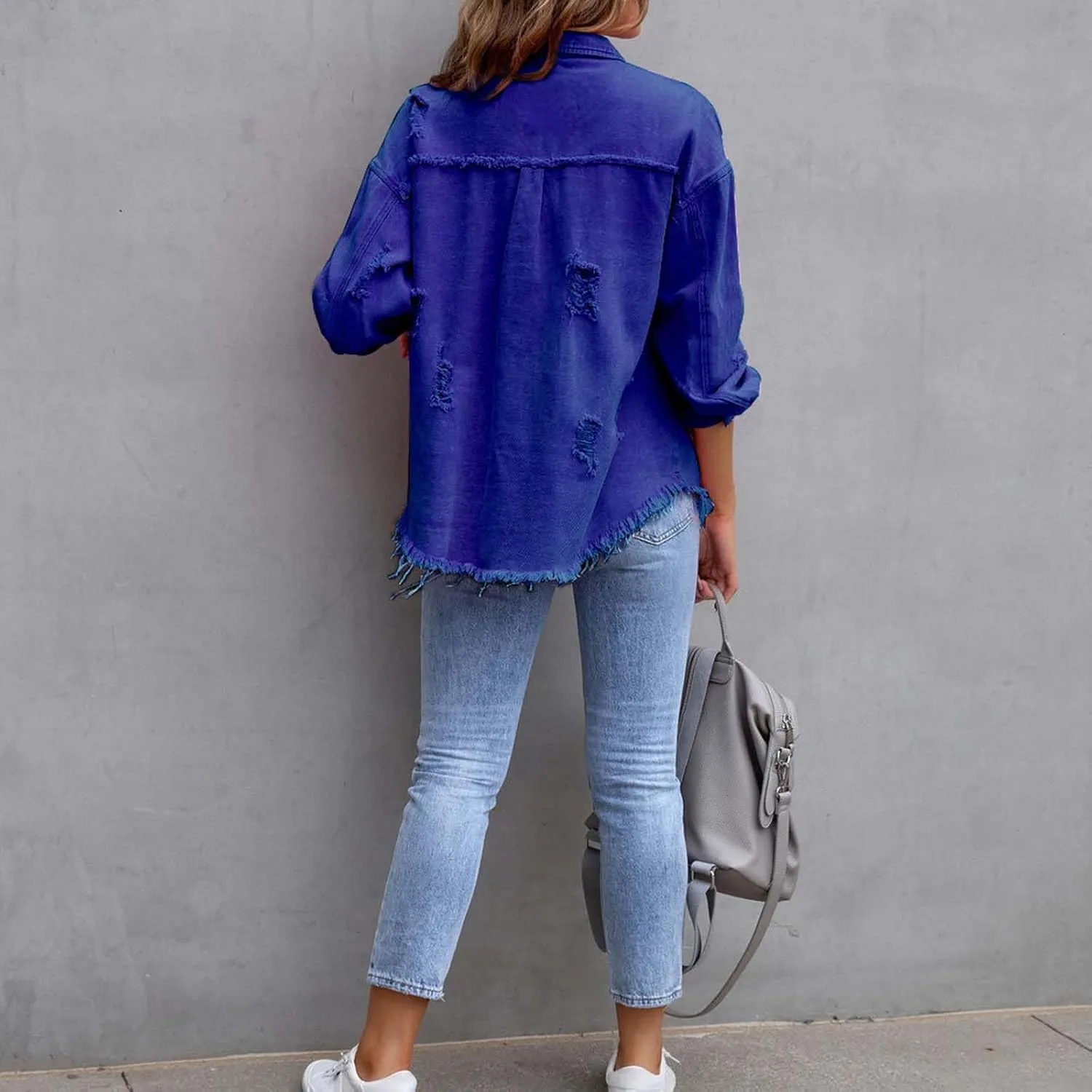 Womens Denim Jacket Oversized Button Up Frayed Hem Shacket Jean Coat Distressed Shirts Long Sleeve Trucker Coats Tops