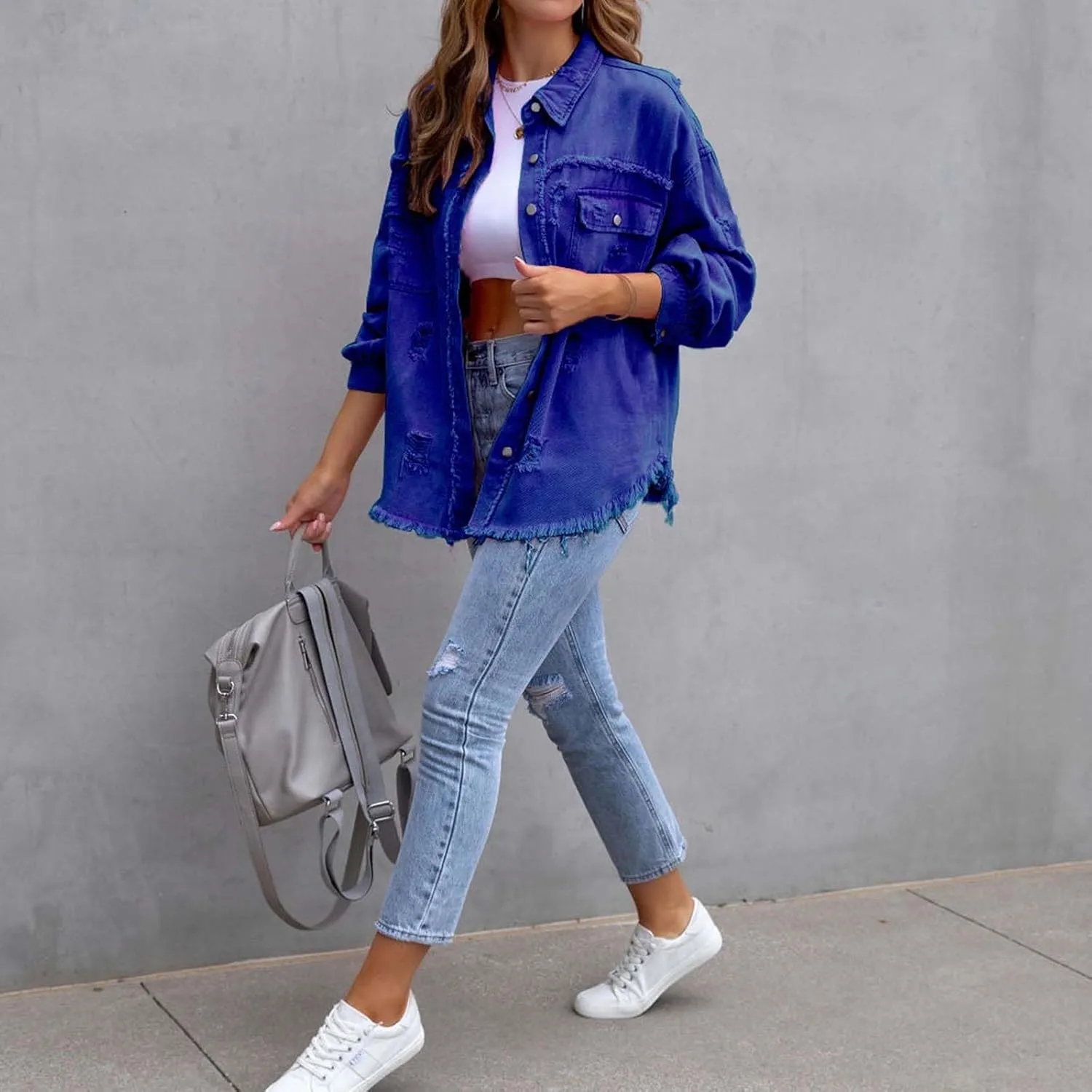 Womens Denim Jacket Oversized Button Up Frayed Hem Shacket Jean Coat Distressed Shirts Long Sleeve Trucker Coats Tops