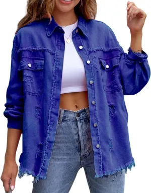 Womens Denim Jacket Oversized Button Up Frayed Hem Shacket Jean Coat Distressed Shirts Long Sleeve Trucker Coats Tops