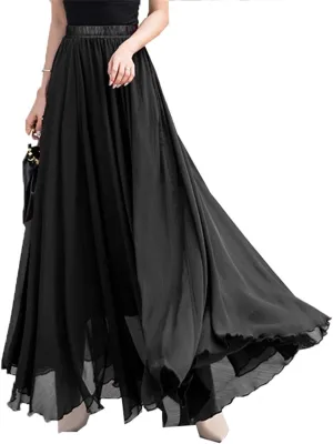 Womens Elastic Waist Chiffon Maxi Skirt Flowy Full Length Beach Skirt