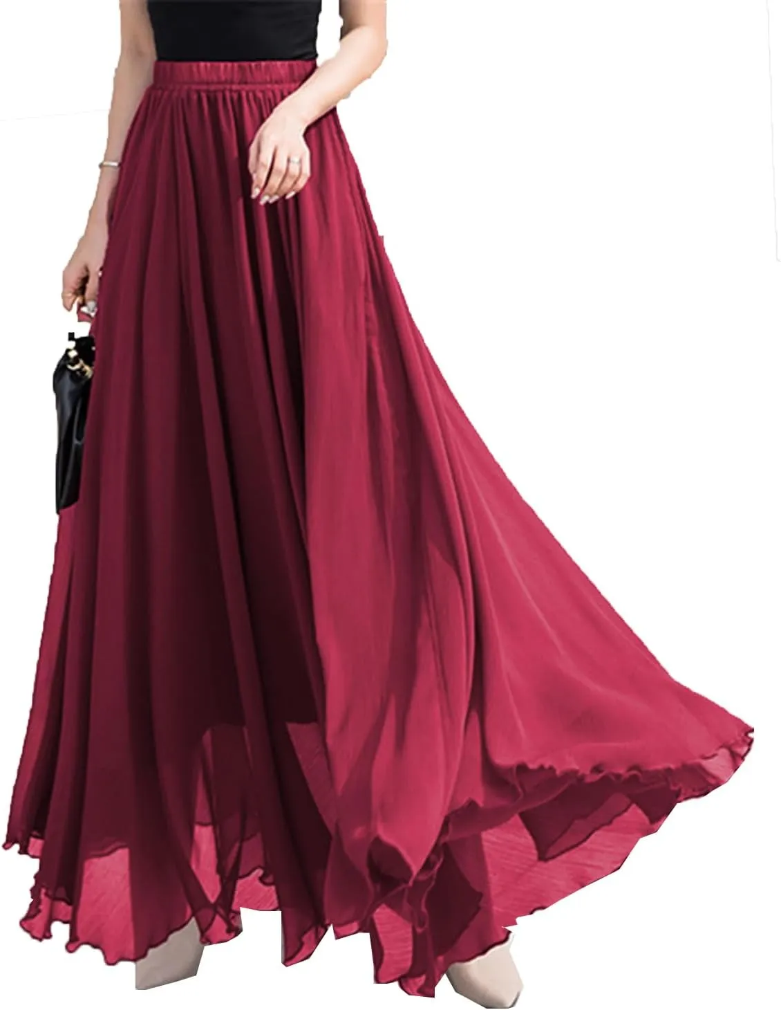 Womens Elastic Waist Chiffon Maxi Skirt Flowy Full Length Beach Skirt