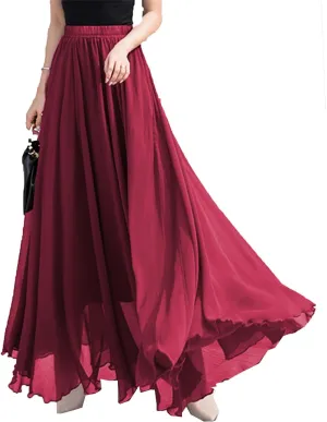Womens Elastic Waist Chiffon Maxi Skirt Flowy Full Length Beach Skirt