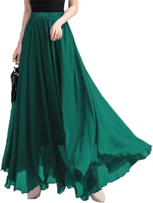Womens Elastic Waist Chiffon Maxi Skirt Flowy Full Length Beach Skirt
