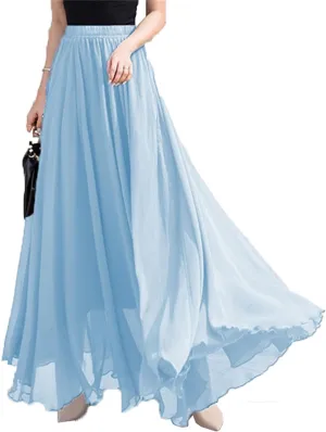 Womens Elastic Waist Chiffon Maxi Skirt Flowy Full Length Beach Skirt