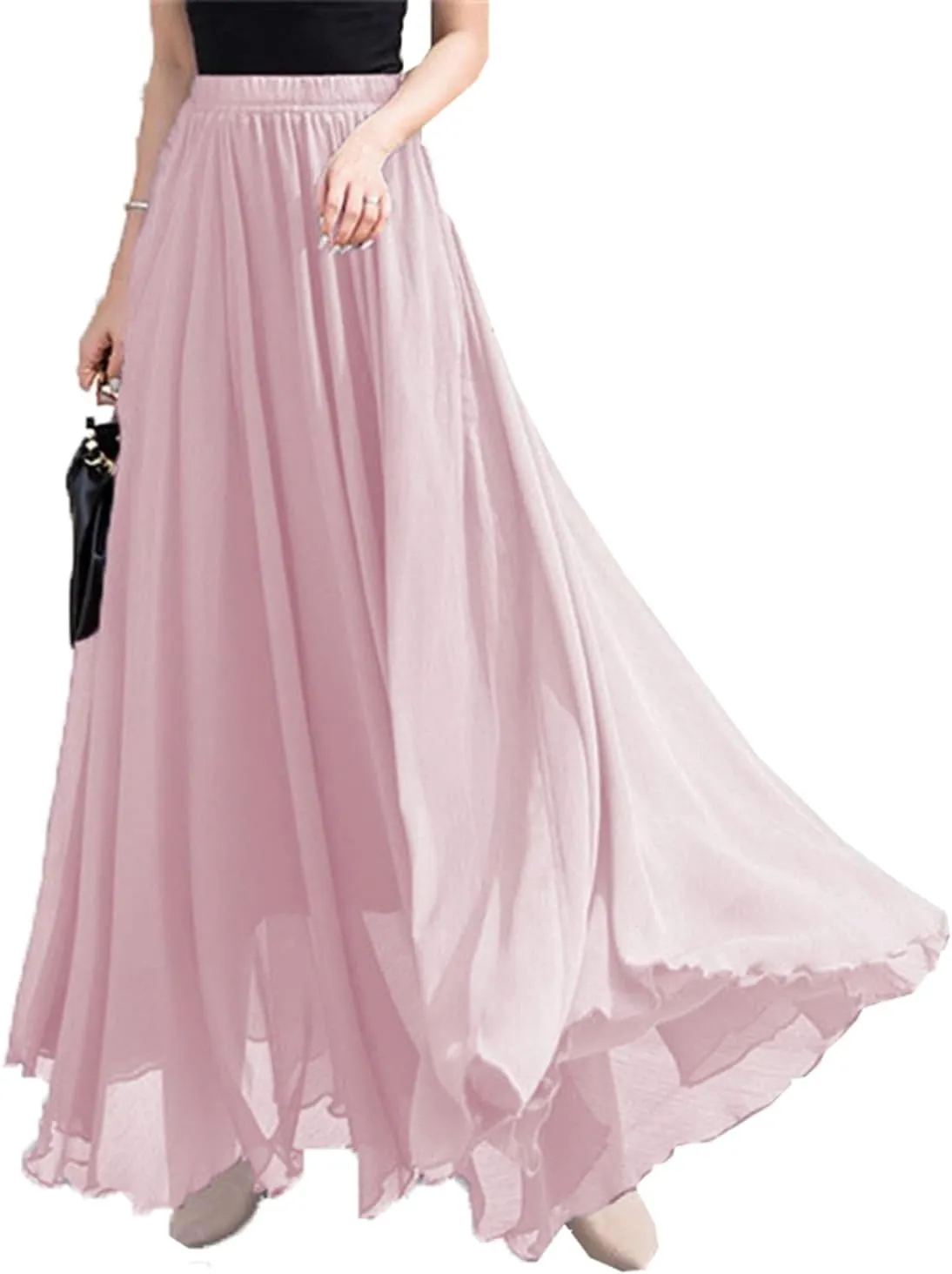 Womens Elastic Waist Chiffon Maxi Skirt Flowy Full Length Beach Skirt
