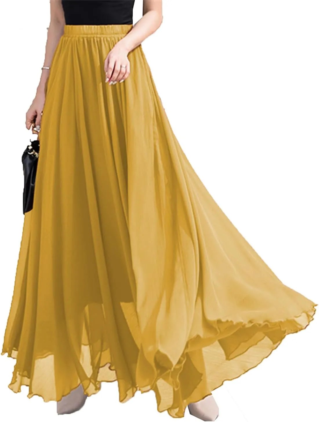 Womens Elastic Waist Chiffon Maxi Skirt Flowy Full Length Beach Skirt