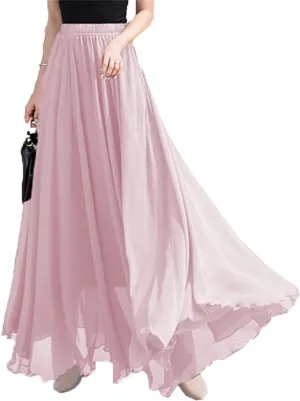 Womens Elastic Waist Chiffon Maxi Skirt Flowy Full Length Beach Skirt