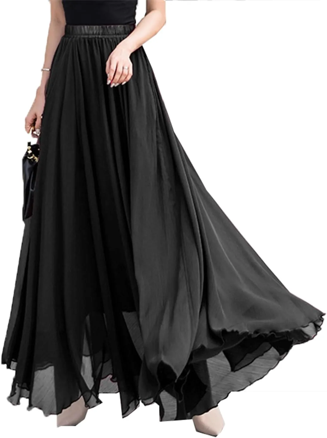 Womens Elastic Waist Chiffon Maxi Skirt Flowy Full Length Beach Skirt