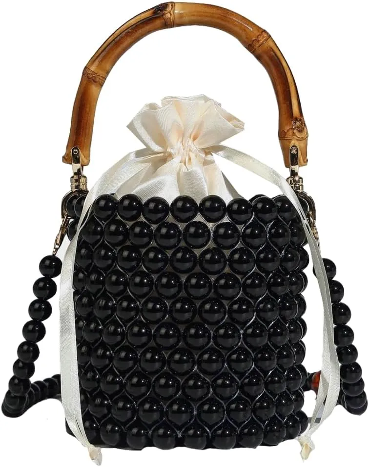 Womens Elegant Bucket Clutch Small Pearl Beaded Crossbody Shoulder Bag Handbag Ladies Tote Purse for Party Wedding
