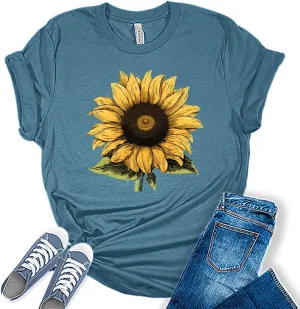 Womens Fall Vintage Tops Sunflower Tshirt Cottagecore Floral Graphic Tee Autumn Shirts