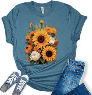 Womens Fall Vintage Tops Sunflower Tshirt Cottagecore Floral Graphic Tee Autumn Shirts