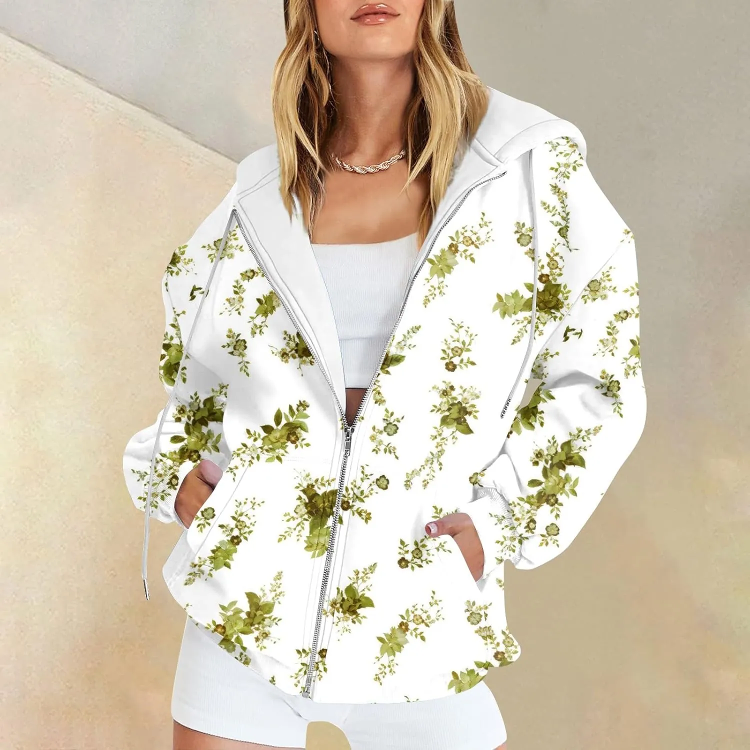 Women's Fashion Floral Print Zip Up Hoodies With Pockets, Casual Style, Long Sleeve, S-3XL