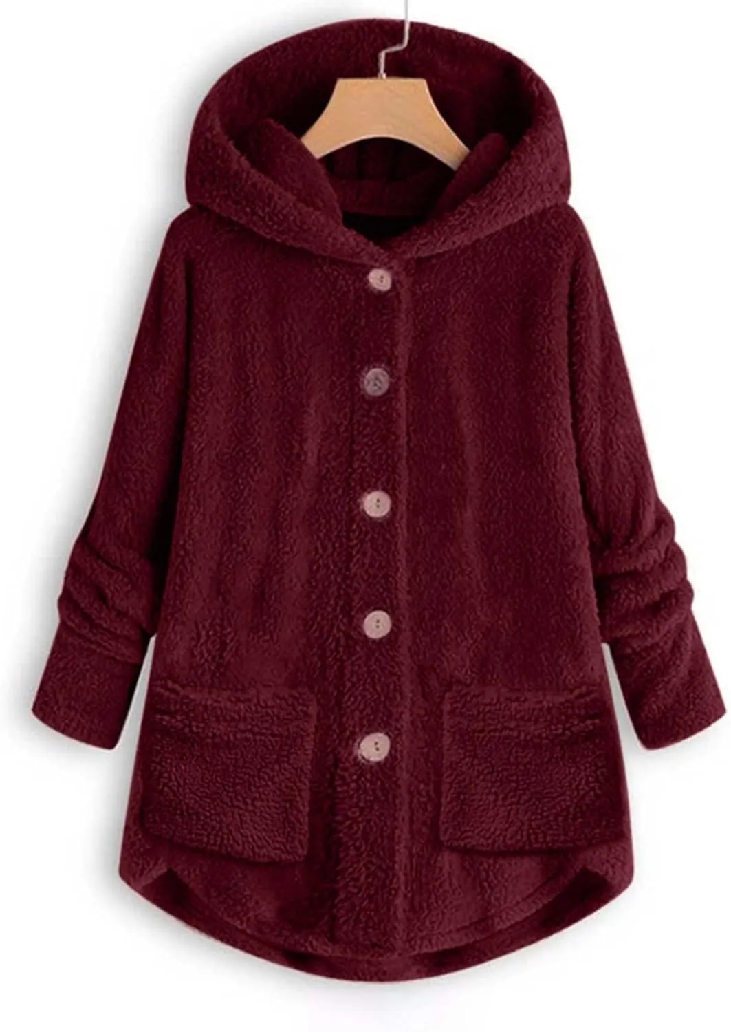 Women's Fashion Winter Coat Long Sleeve Hooded Button Faux Shearling Shaggy Oversized Shacket Jacket