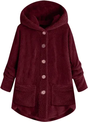 Women's Fashion Winter Coat Long Sleeve Hooded Button Faux Shearling Shaggy Oversized Shacket Jacket