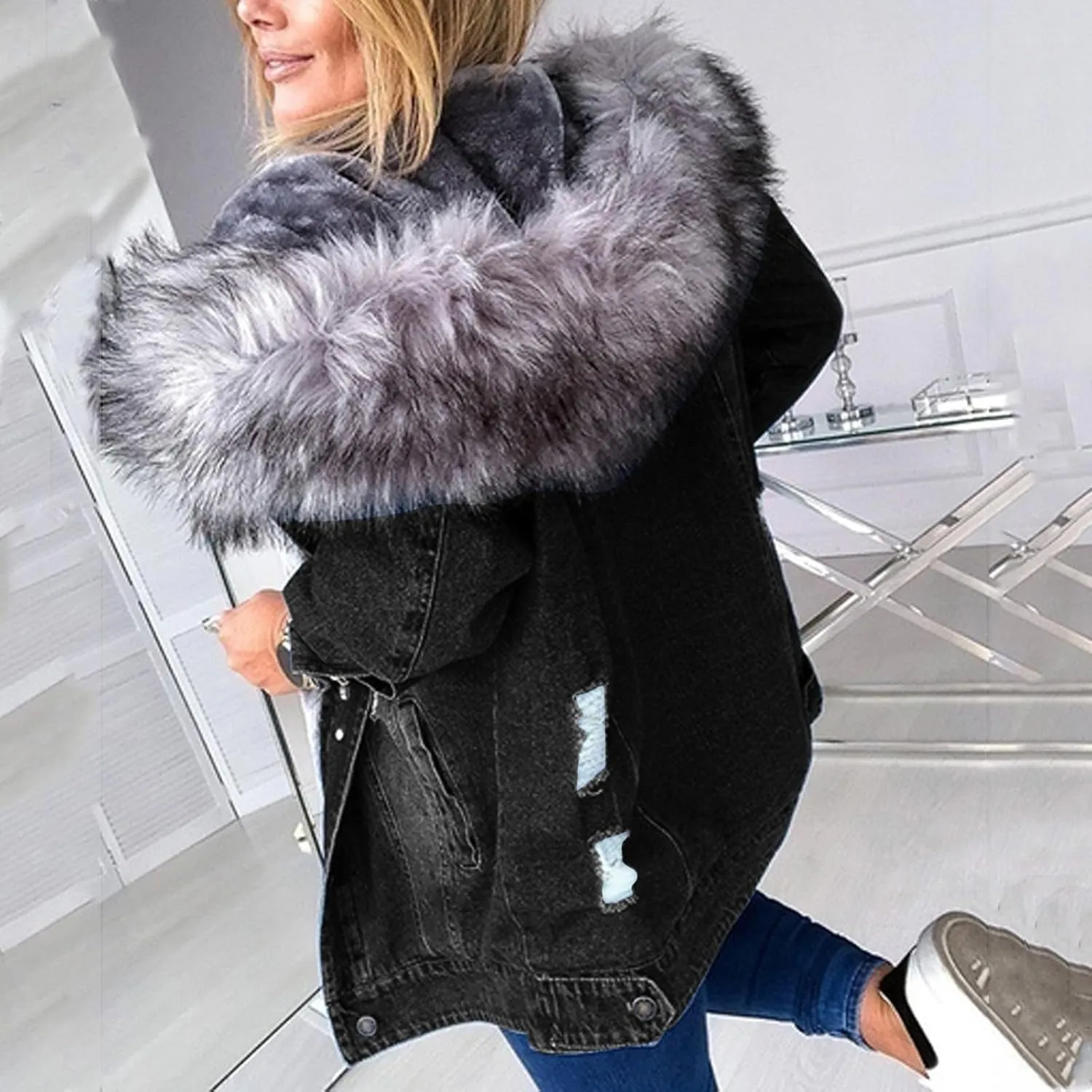 Women's Fleece Extra Thick Long Sleeve Collar Denim Solid Color Ripped Old Jacket Jacket Womens Zippe Wool Jacket