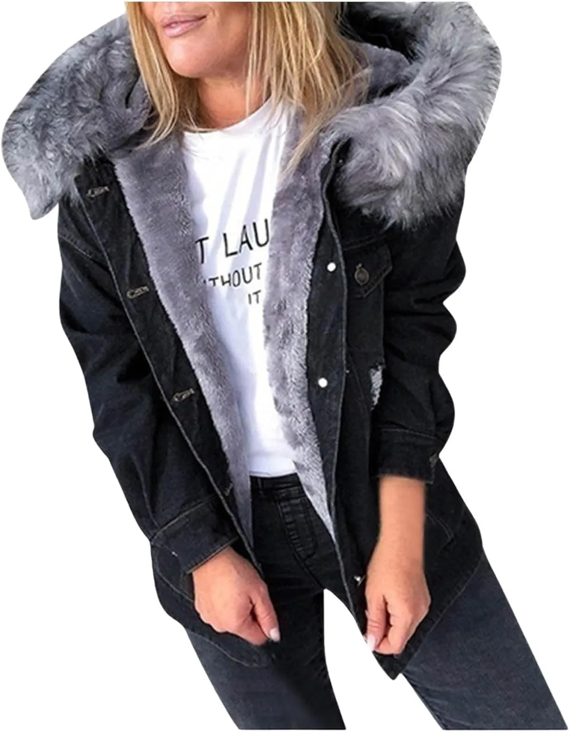 Women's Fleece Extra Thick Long Sleeve Collar Denim Solid Color Ripped Old Jacket Jacket Womens Zippe Wool Jacket