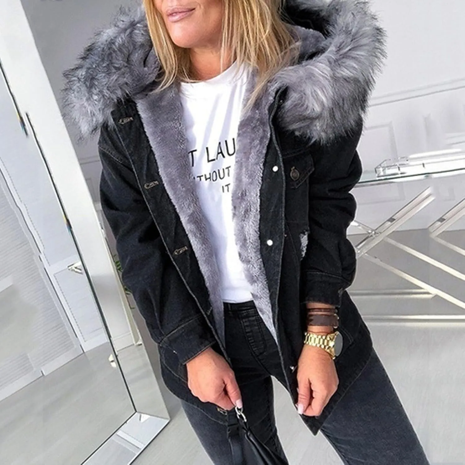 Women's Fleece Extra Thick Long Sleeve Collar Denim Solid Color Ripped Old Jacket Jacket Womens Zippe Wool Jacket