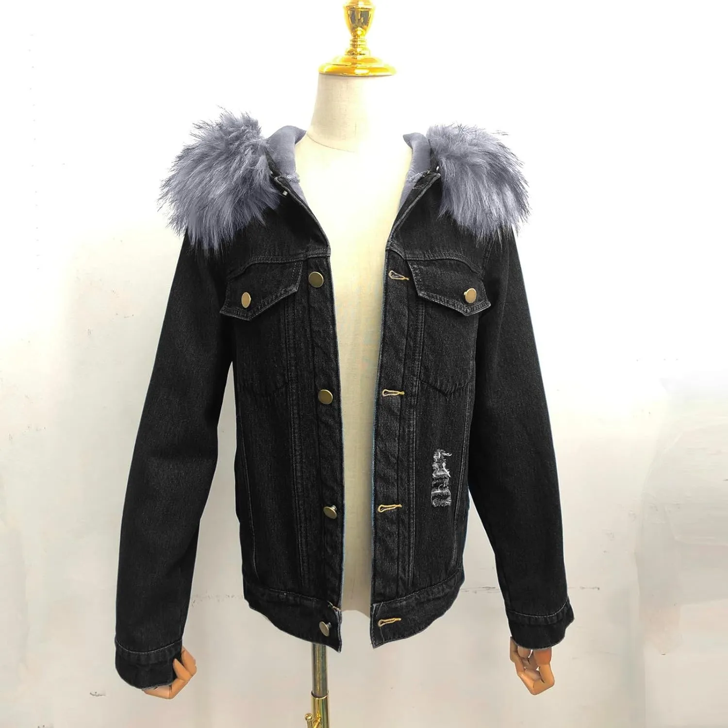 Women's Fleece Extra Thick Long Sleeve Collar Denim Solid Color Ripped Old Jacket Jacket Womens Zippe Wool Jacket