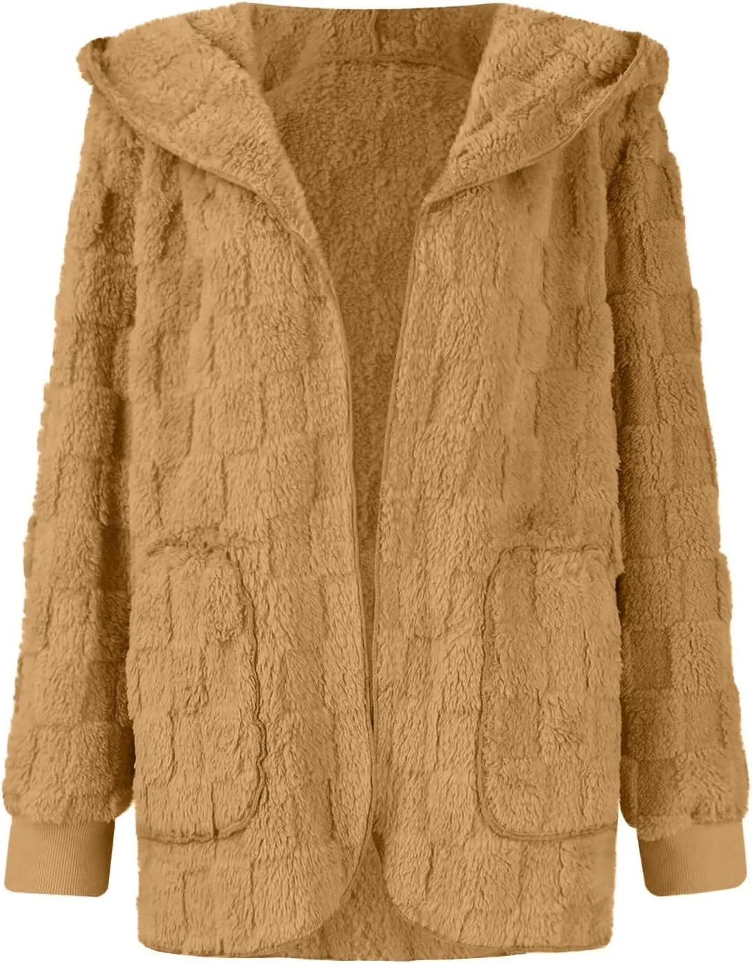 Womens Fleece Jacket Open Front Hooded Cardigan Warm Winter Coat Sherpa Fuzzy Teddy Jacket Outerwear with Pockets