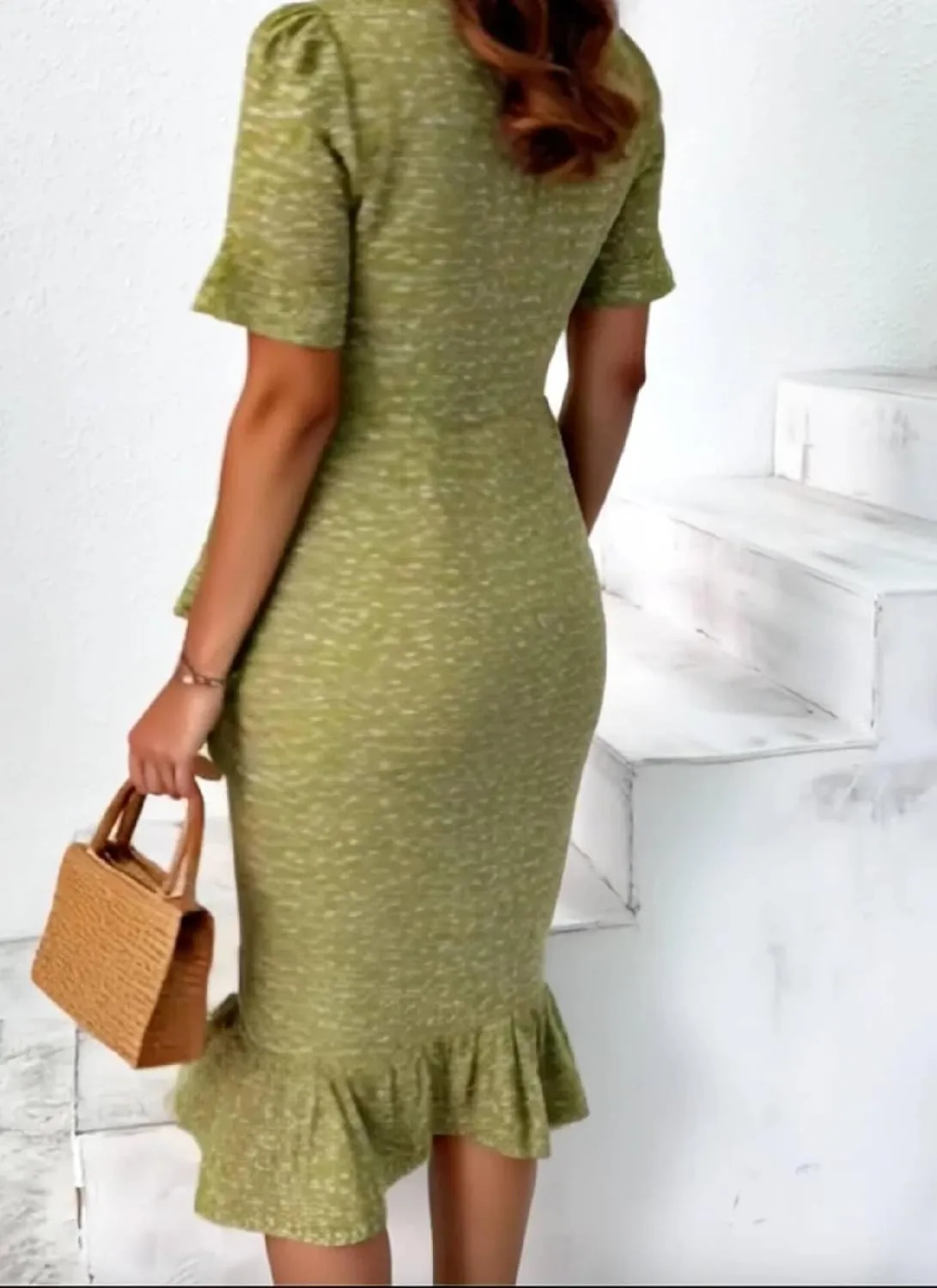 Women's Floral Dress Summer Short Sleeve V Neck Slim Fit Dress Ruffle Split Front Hem Boho Wedding Guest Midi Dresses