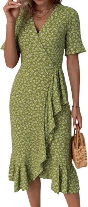 Women's Floral Dress Summer Short Sleeve V Neck Slim Fit Dress Ruffle Split Front Hem Boho Wedding Guest Midi Dresses