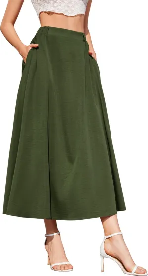 Womens Flowy Maxi Skirt Summer Elastic High Waist Long Skirts Casual A-Line Skirt with Pockets