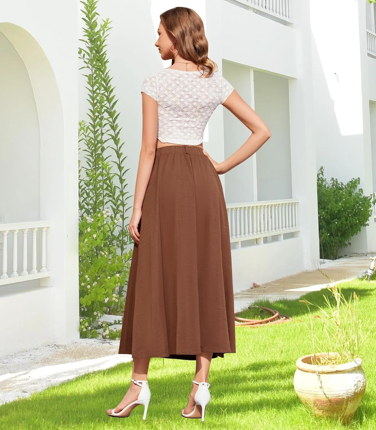 Womens Flowy Maxi Skirt Summer Elastic High Waist Long Skirts Casual A-Line Skirt with Pockets