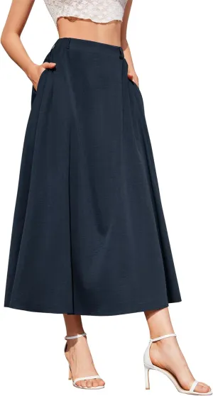 Womens Flowy Maxi Skirt Summer Elastic High Waist Long Skirts Casual A-Line Skirt with Pockets