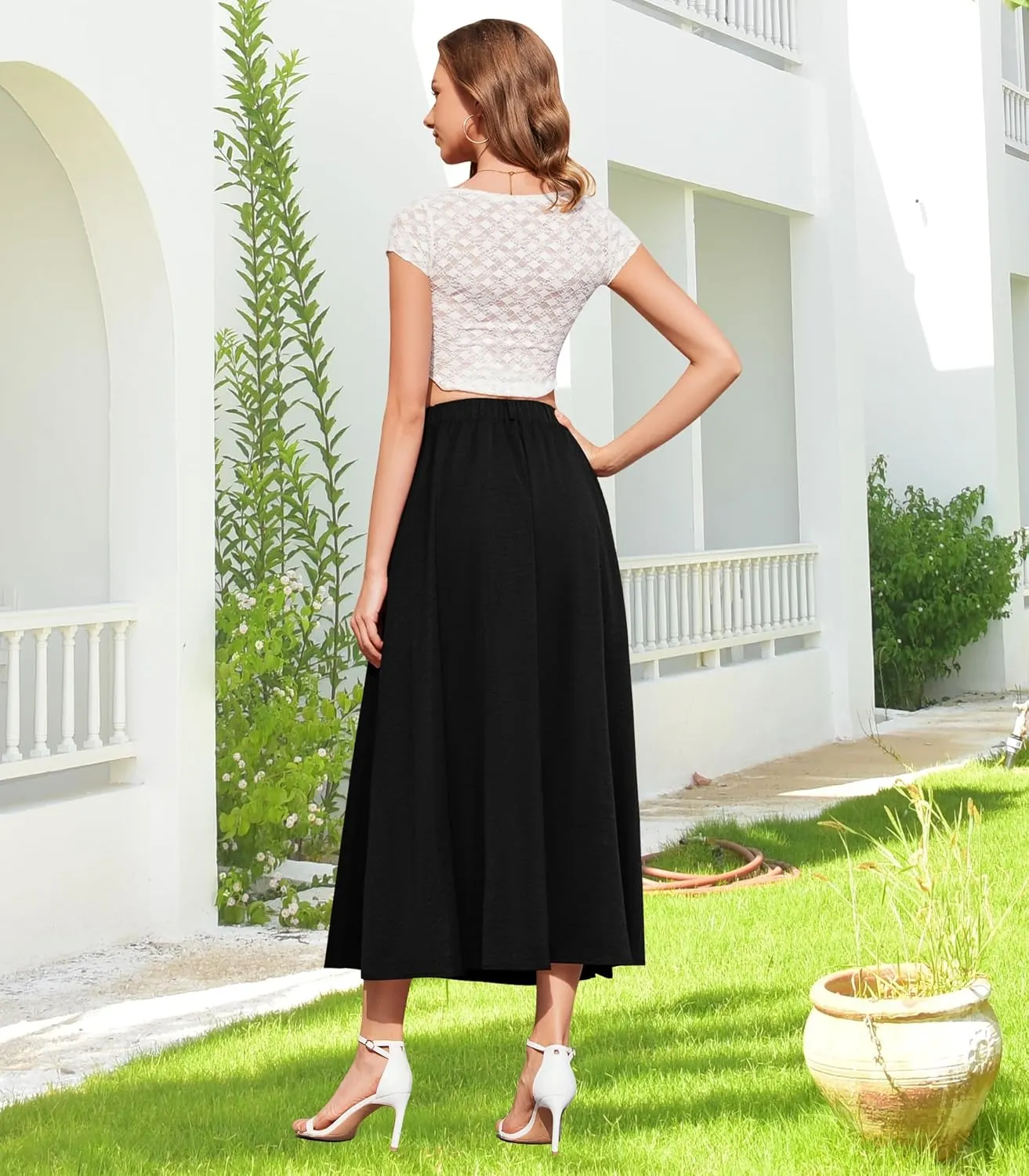 Womens Flowy Maxi Skirt Summer Elastic High Waist Long Skirts Casual A-Line Skirt with Pockets